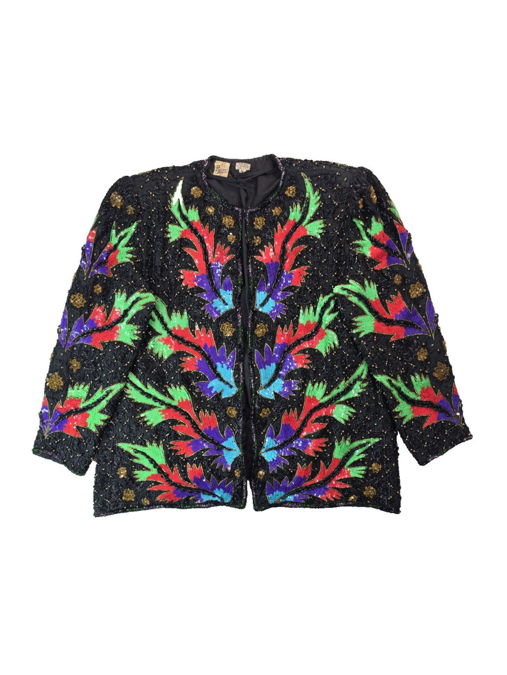 Precious Moments Vintage Floral Multicolor Sequin Beaded Silk Jacket Womens L